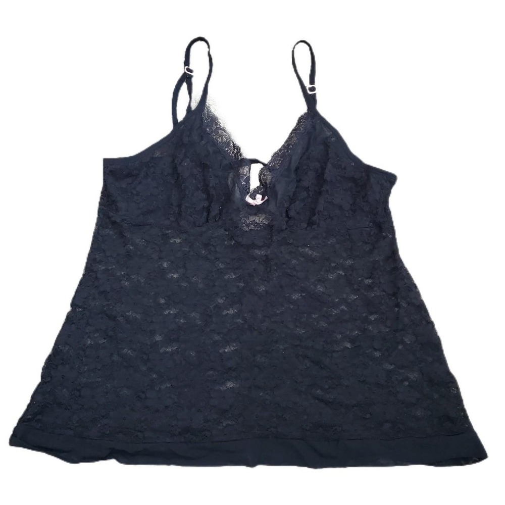 Vintage Y2k Black Sheer Lace Babydoll Cami Tank Top Pink Bow Size Med-Large
